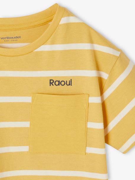 T-shirt às riscas personalizável, para menino ocre+verde-água 