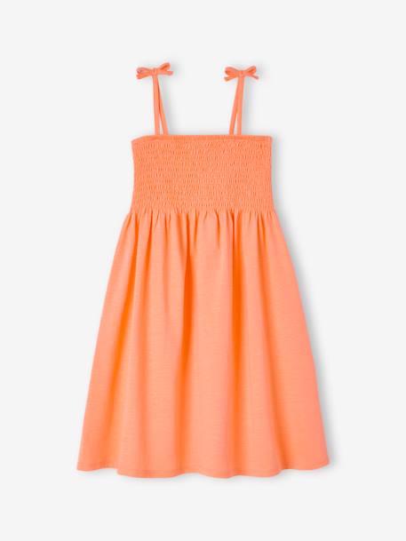 Vestido de alças, aos favos, para menina rosa+tangerina 