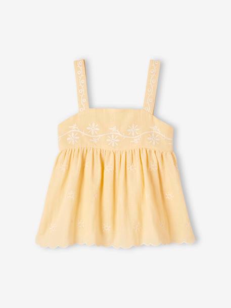 Blusa bordada, em gaze de algodão, para menina amarelo-pastel 