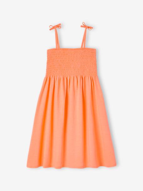 Vestido de alças, aos favos, para menina rosa+tangerina 