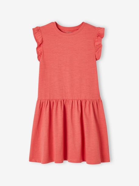 Vestido com folho nas mangas, para menina malva+verde-água+vermelho 