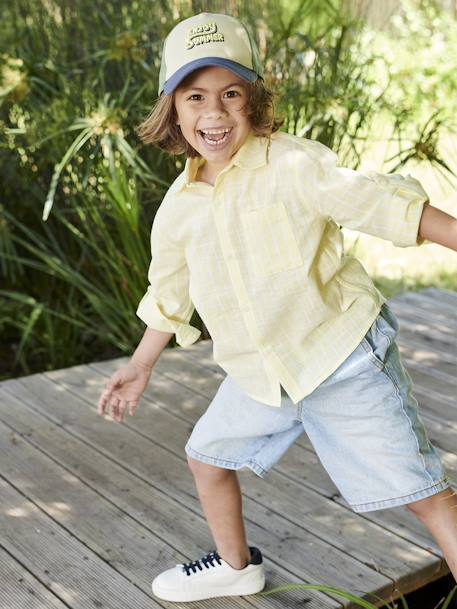 Camisa às riscas efeito linho, para menino amarelo-pastel 