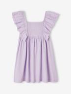 Vestido com folhos em bordado inglês, efeito de relevo, para menina lavanda 