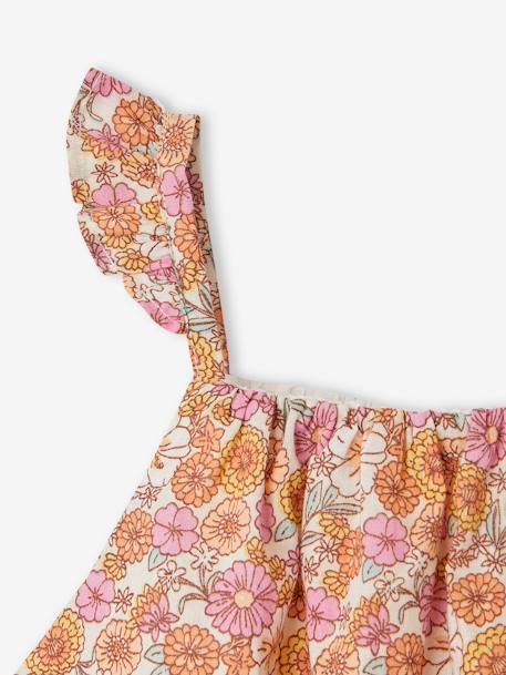 Blusa 'cropped', estampada às flores, alças com folhos, para menina alperce-rosado 