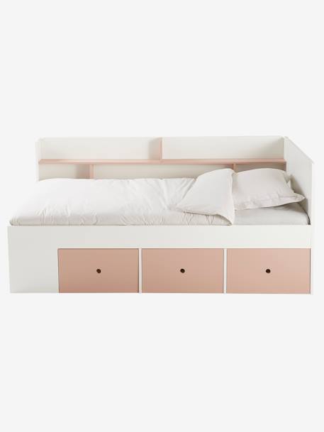 Cama com plataforma e arrumações, para criança, BASEO azul-acinzentado+branco+rosa-nude 