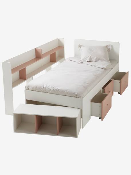 Cama com plataforma e arrumações, para criança, BASEO azul-acinzentado+branco+rosa-nude 