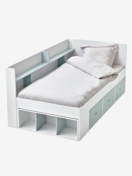 Cama com plataforma e arrumações, para criança, BASEO azul-acinzentado+branco+rosa-nude 