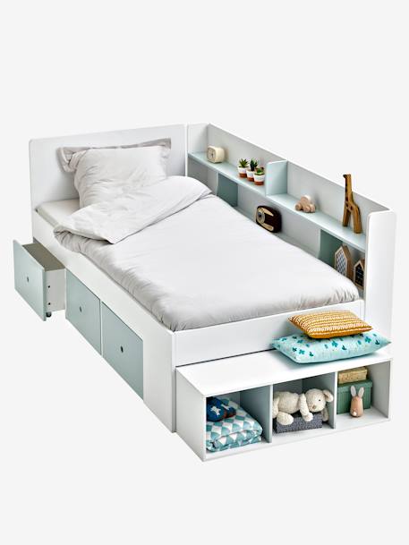 Cama com plataforma e arrumações, para criança, BASEO azul-acinzentado+branco+Branco claro liso+rosa-nude 