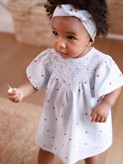 Bebé 0-36 meses-Conjuntos-Conjunto em seersucker, vestido + calções + fita de cabelo, para bebé
