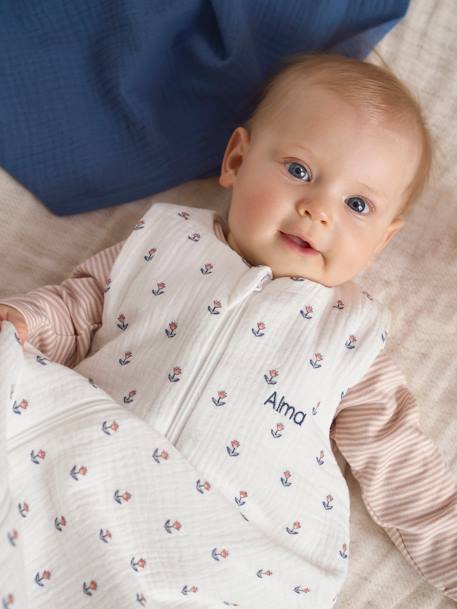 Saco de bebé especial verão com abertura ao meio, em gaze de algodão, INDIA, personalizável branco estampado 