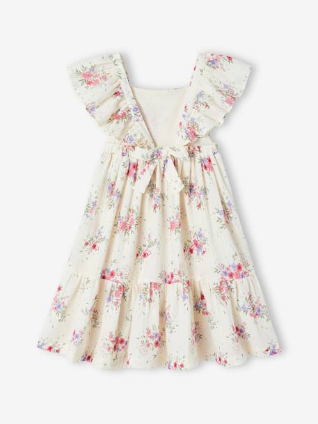 Vestido às flores, em gaze de algodão, para menina cru 