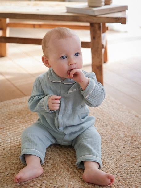 Pijama personalizável, em gaze de algodão, para bebé, Team Famille verde-salva 