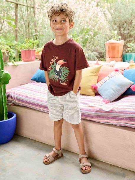 Bermudas algodão/linho, para menino riscas azuis+verde-água 