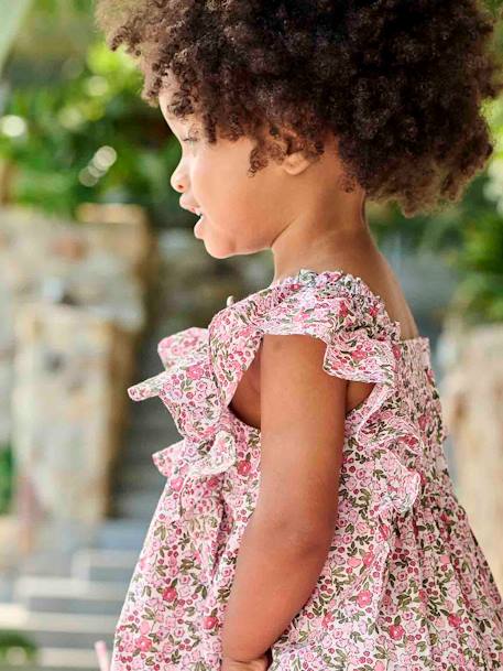 Vestido com folhos, para bebé estampado rosa+quadrados rosa 