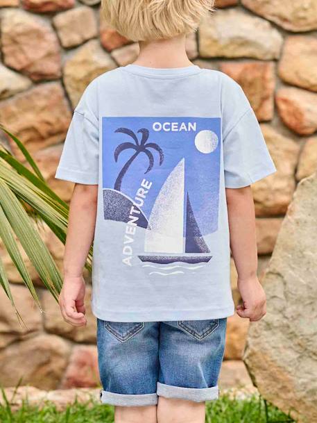 T-shirt com barco à vela grande atrás, para menino azul-céu 