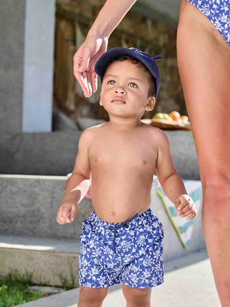 Calções de banho às flores estilizadas, para bebé menino azul estampado 