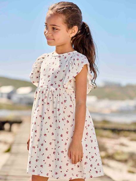 Vestido às flores, em malha com relevo, para menina cru+rosa-bombom+tangerina 