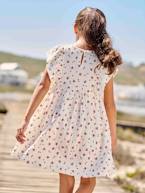 Vestido às flores, em malha com relevo, para menina cru+rosa-bombom+tangerina 