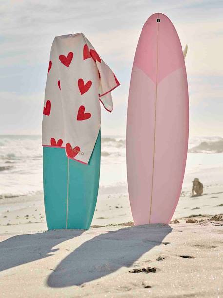 Toalha de praia/de banho personalizável, com algodão reciclado estampado rosa+riscas azuis 