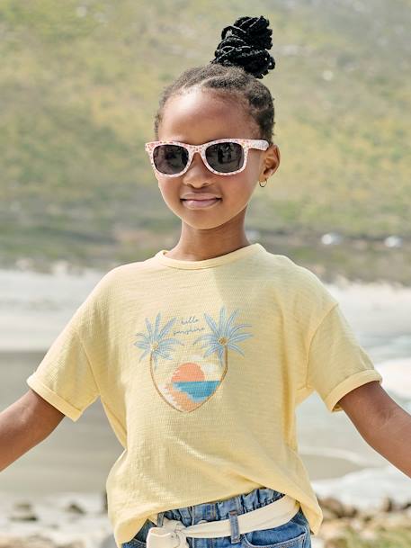 T-shirt com motivo, em malha com relevo, para menina amarelo-pastel+coral 