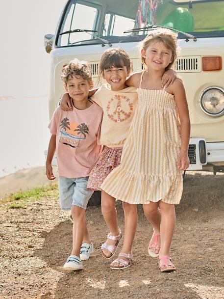 Vestido aos favos e às riscas, em seersucker, para menina riscas amarelas 