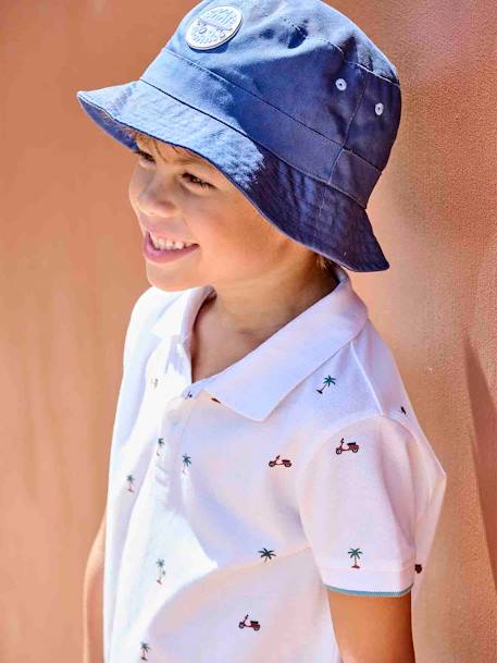 Polo estampado, em malha piqué, para menino azul estampado+cru 