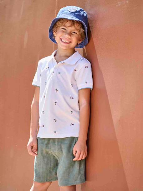 Polo estampado, em malha piqué, para menino azul estampado+cru 