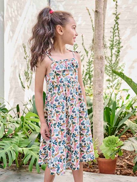 Vestido midi de alças para menina azul+azul-céu+branco estampado+cru+multicolor 