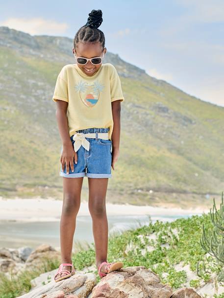 T-shirt com motivo, em malha com relevo, para menina amarelo-pastel+coral 