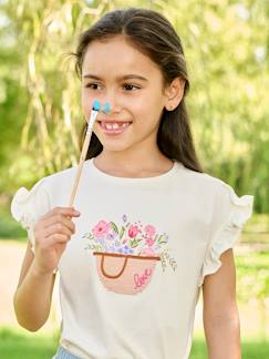 Menina 2-14 anos-T-shirts-T-shirts-T-shirt bordada, mangas curtas com folho, para menina