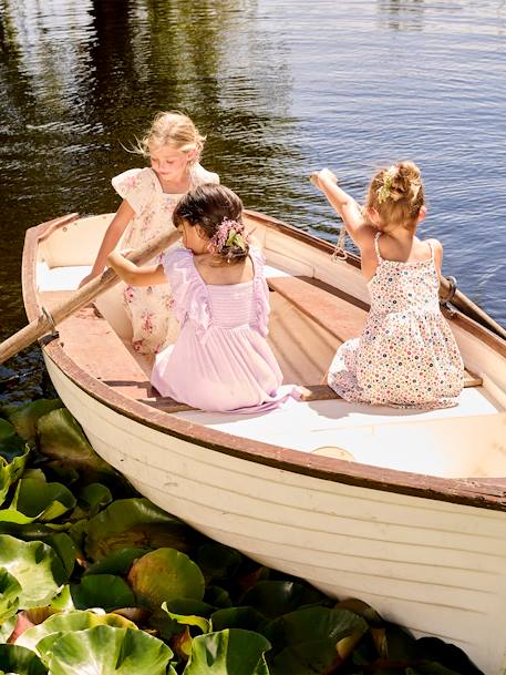 Vestido com folhos em bordado inglês, efeito de relevo, para menina lavanda 