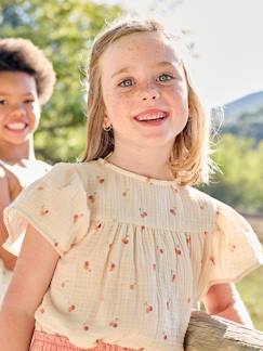 Blusa estampada, mangas borboleta, em gaze de algodão bio, para menina