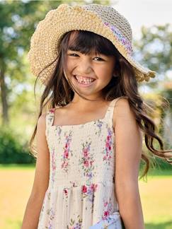 Menina 2-14 anos-Chapéu aspeto palha efeito crochet, com fita estampada, para menina
