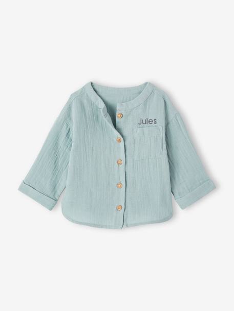 Camisa com gola mao, personalizável, em gaze de algodão, para bebé azul-acinzentado+caramelo+VERDE ESCURO LISO 