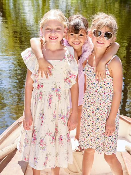 Vestido às flores, em gaze de algodão, para menina cru 