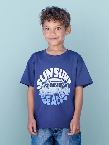 T-shirt com motivo alusivo às férias, para menino azul-tinta+tangerina 