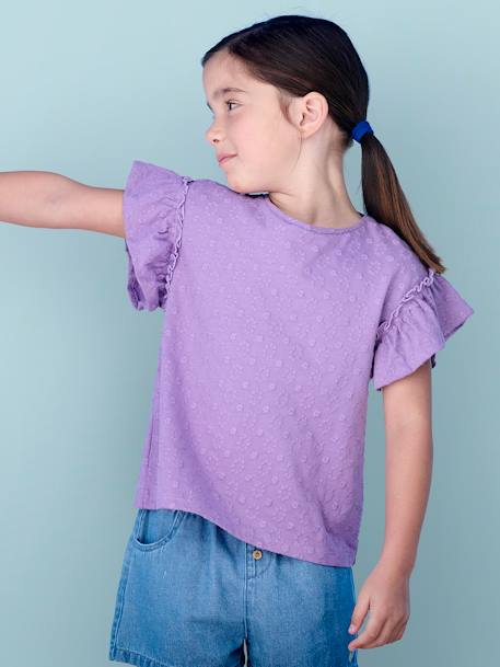 T-shirt às flores bordadas e mangas com folho, para menina violeta 