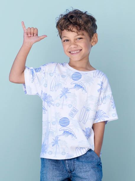 T-shirt com motivos de férias gráficos, para menino azul-ardósia+branco estampado+verde estampado 