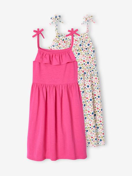 Lote de 2 vestidos de alças, 1 estampado + 1 liso, para menina AZUL MEDIO BICOLOR/MULTICOLOR+fúchsia 