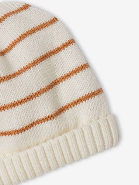 Conjunto macacão e gorro em tricot às riscas, para bebé avelã 