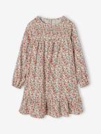 Vestido aos favos, estampado às flores, mangas compridas, para menina cru+marinho 