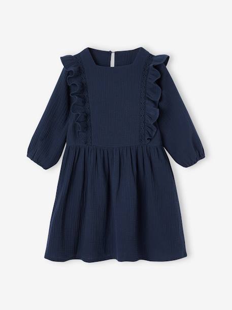 Vestido com folhos, em gaze de algodão, para menina marinho+rosa-velho 