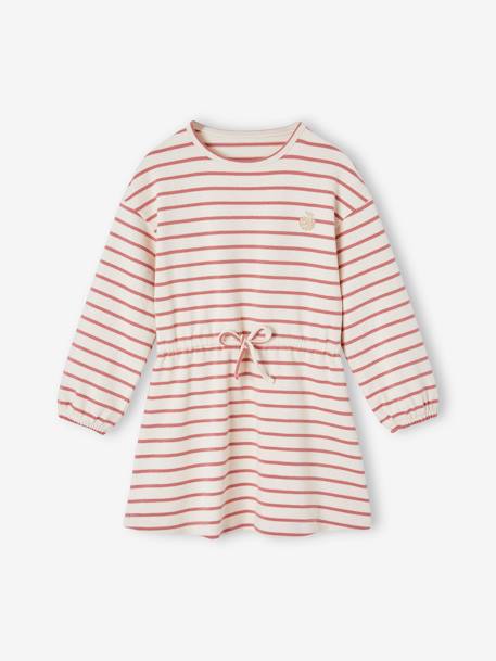 Vestido às riscas, ajustado na cintura, para menina marinho+terracota 