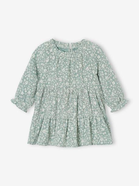 Vestido com folhos, em gaze de algodão, para menina rosa-velho+verde-salva 