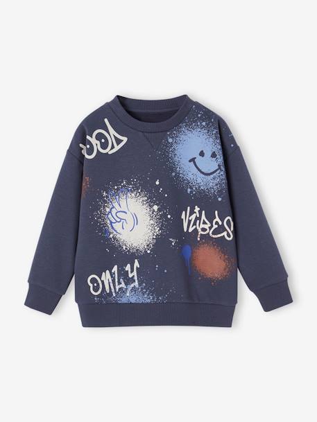 Sweat de gola redonda com grafites, para menino azul-noite+cinza mesclado 