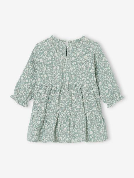 Vestido com folhos, em gaze de algodão, para menina rosa-velho+verde-salva 