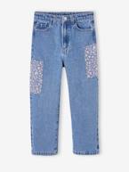 Jeans loose com emblemas às flores, para menina azul medio 