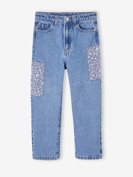 Jeans loose com emblemas às flores, para menina azul medio 