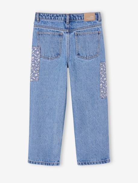 Jeans loose com emblemas às flores, para menina azul medio 