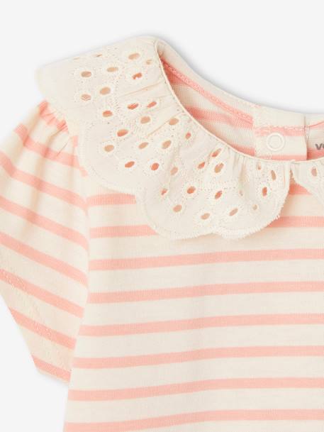 T-shirt às riscas, com gola em bordado inglês, para bebé menina rosa 